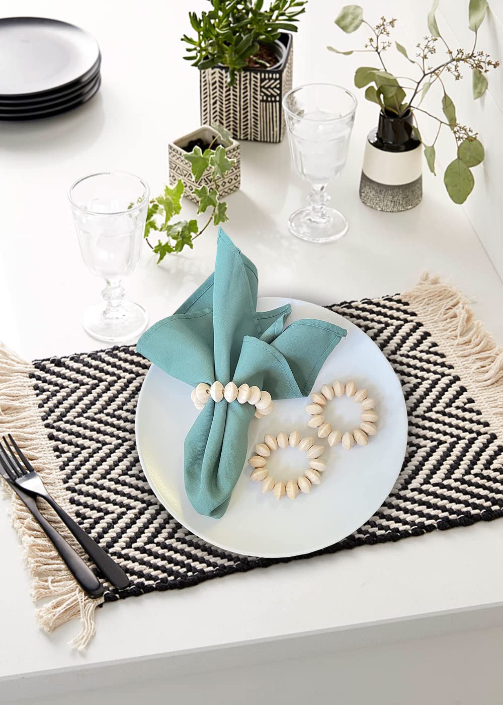 Napkin Rings Set of 6 - Wooden Beads Napkin Rings | Rustic Wooden Napkin Ring Holder for Table Decoration - Handmade LEBEJUA Napkin Ring with Wood Beads & Jute Twine - Farmhouse Holder for Napkins