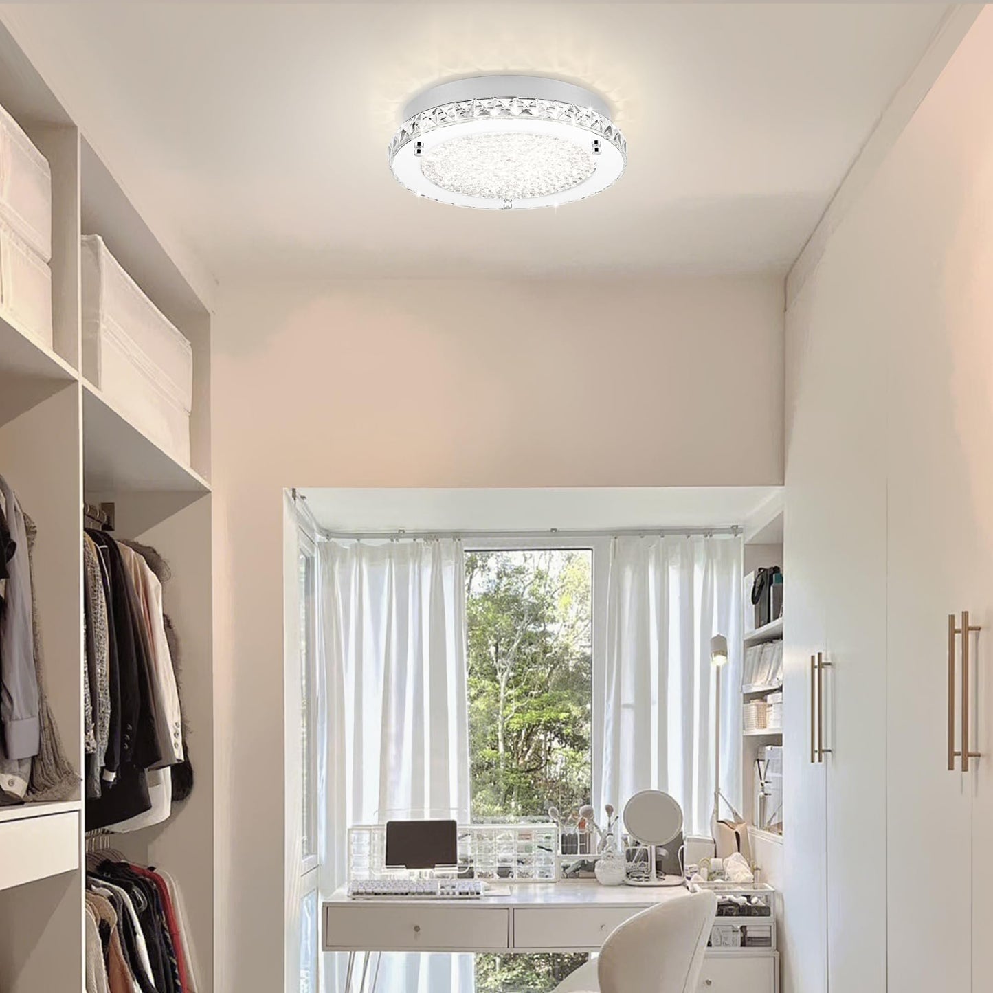 Lzawvm Crystal Flush Mount Ceiling Light 18W LED Dimmable Modern Ceiling Light for Bedroom, Closet, Foyer, Hallway, Dia 11 Inch, 3 Color Change