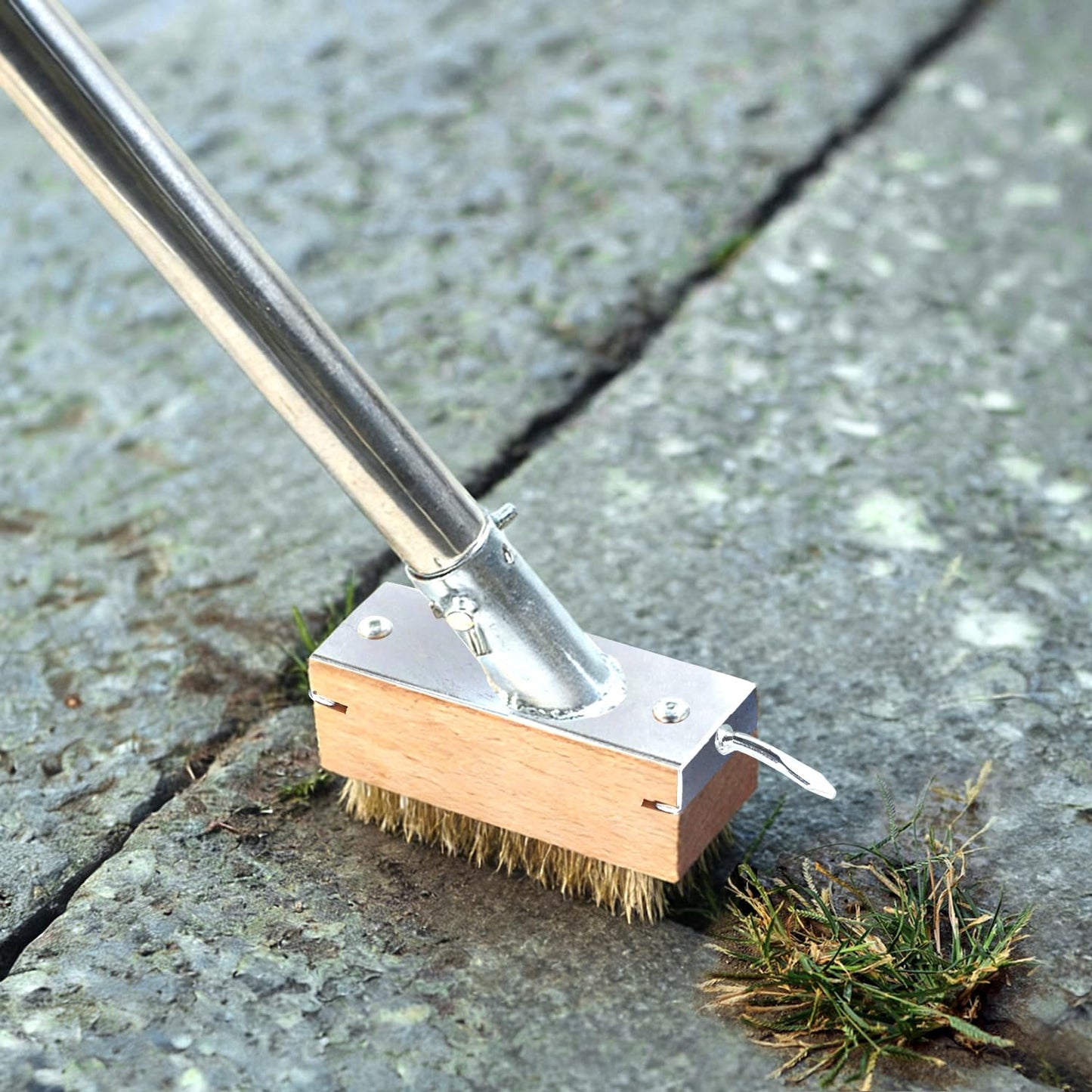 DTNESS 3-in-1 Crack Weeder Brush Tool Set, Stainless Steel Wire Broom w/ 2 Weed Remover Brush Heads+Scraper, 63" Heavy Duty Weeding Puller w/Adjustable Handle for Pavers, Deck, Concrete, Moss Removal