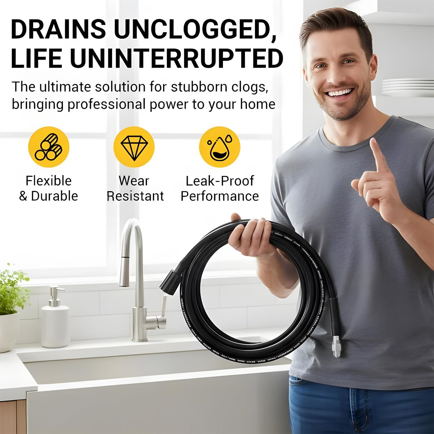 High Pressure Drain Cleaner Hose 5800 PSI, Triple Layer Burst-Proof PVC & Stainless Steel Sewer Jetter Hose Kit, Universal Pressure Washer Drain Unblocker (3-Nozzle-15Ft Explosion-Proof Pipe)