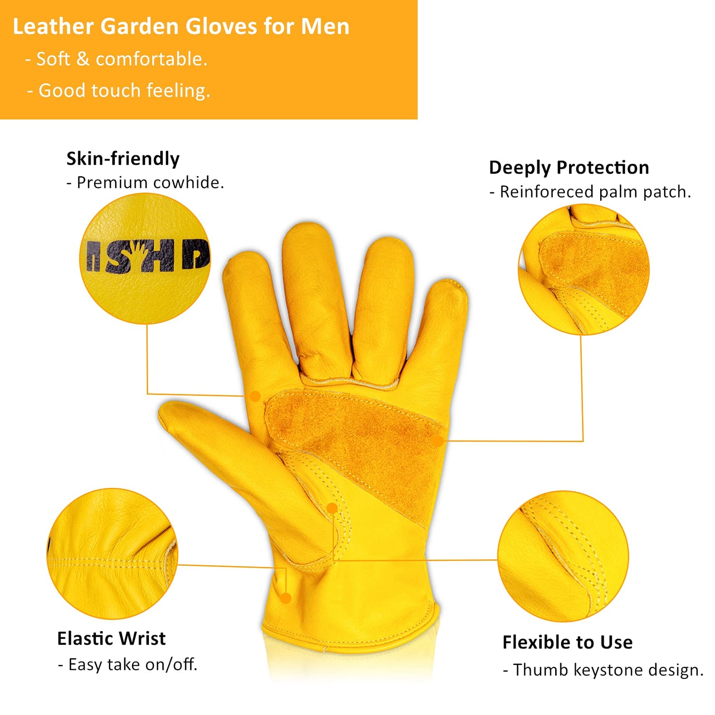 FEISHDEK Yellow Large Cowhide Thorn Proof Gardening Gloves for Men Safety Working Gloves with Durable Grip Reinforced Palm Patch