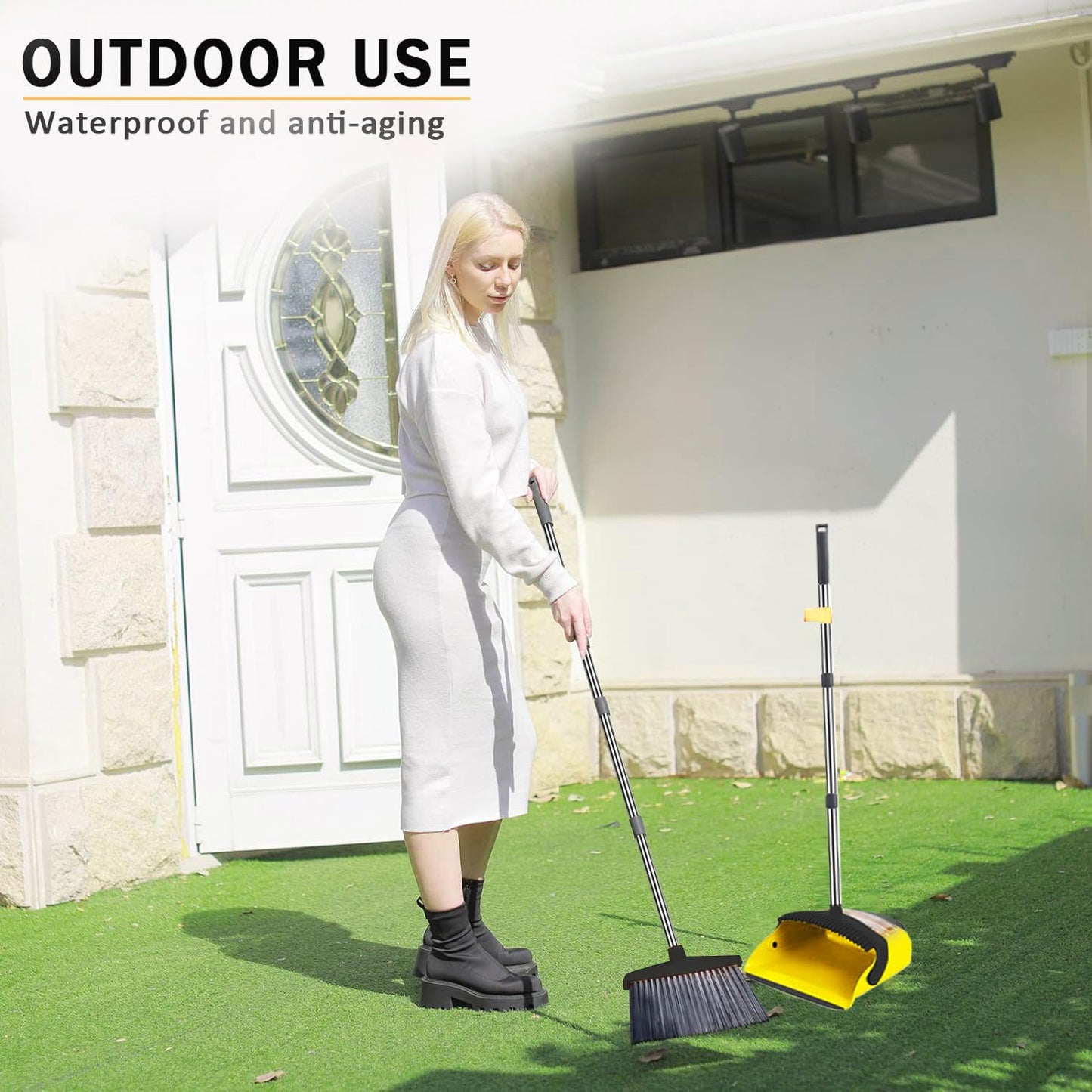 2-Pack is More economical,Brooms with Dustpan Combo Set, with 52" Long Handle, Dustpan Teeth with self-Cleaning Function, Indoor and Outdoor Sweeping, Perfect for Home Office(Large/Yellow /2-Pack)
