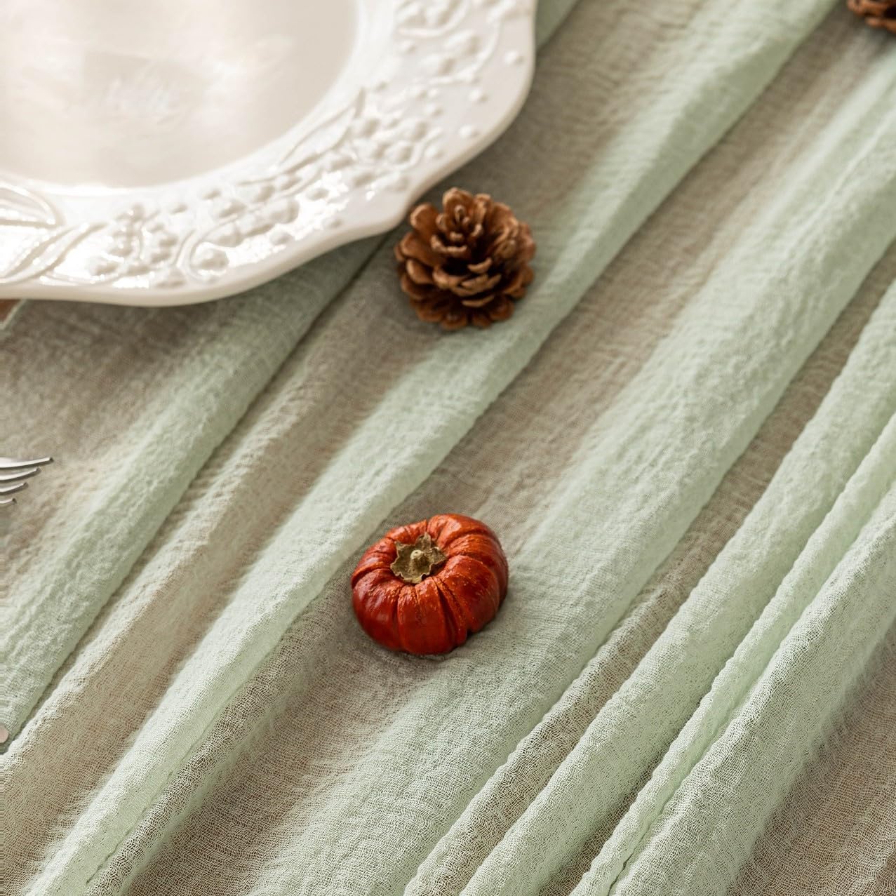 Keketoarrange Sage Green Table Runner Easter Decor Cheesecloth 120 Inch 10 FT Rustic Boho Cheese Cloth Runner for Wedding Baby Shower Bridal Shower Sheer Gauze Centerpiece Spring Home Decorations