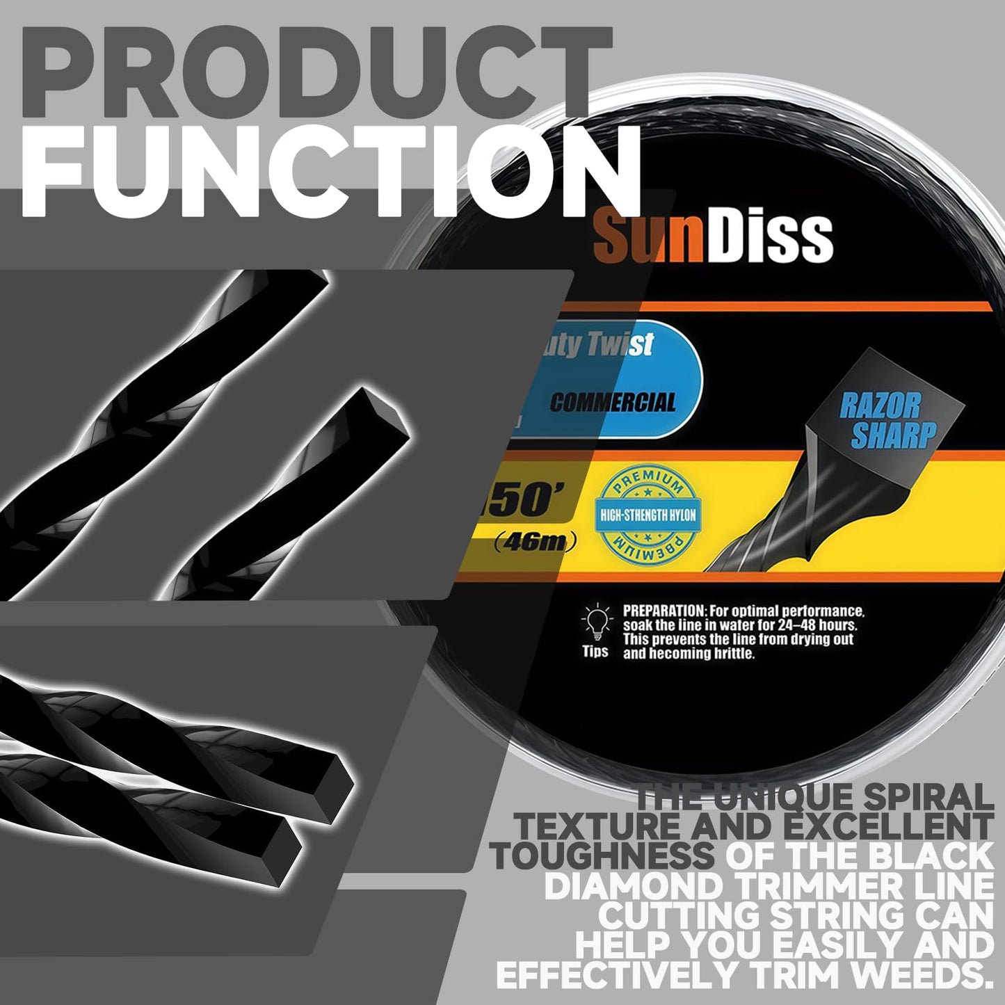 SunDiss 150ft 0.095" Trimmer Line Cutting String Replacement for Echo Black Diamond Trimmer Line 330095073/330095071, Fits for Medium to Heavy Grass and Weeds, with Built-in Line Cutter (150ft 0.095)