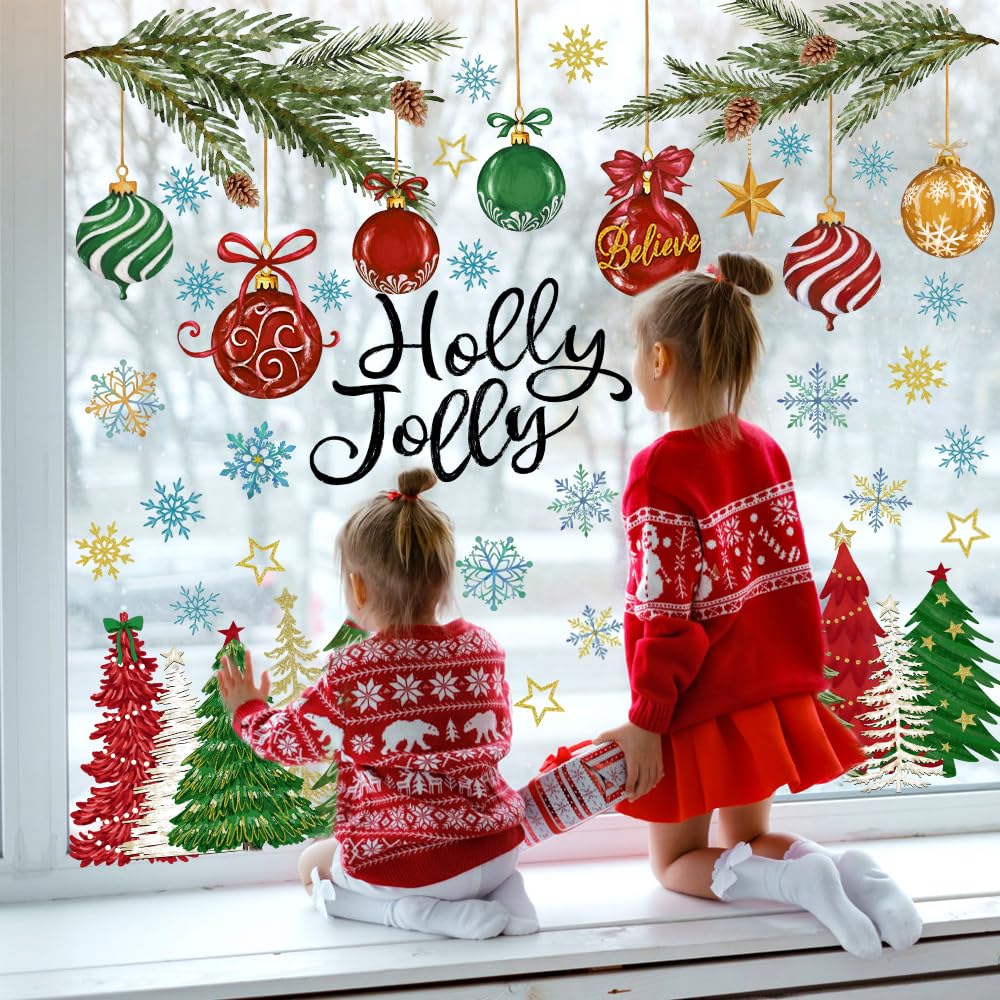 Heirloom Haven 6 Sheets Christmas Window Clings Stickers, Oil Painting Xmas Tree Ball Pine Needle Window's Decals Winter Snowflake Stickers for Home Office Glass Window Decoration