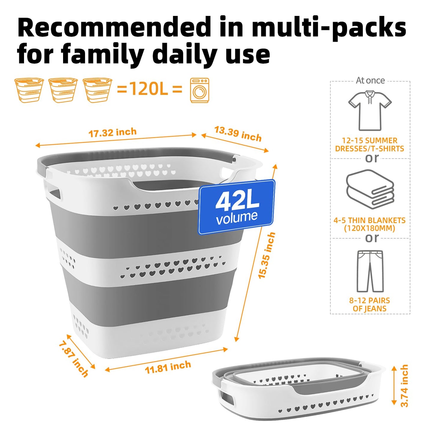 42L Medium Collapsible Plastic Laundry Basket with Handles, Foldable Laundry Basket Hamper, Pop Up Storage Container Organizer for Washing Storage (Gery, 17 Inch * 13 Inch * 15 Inch)