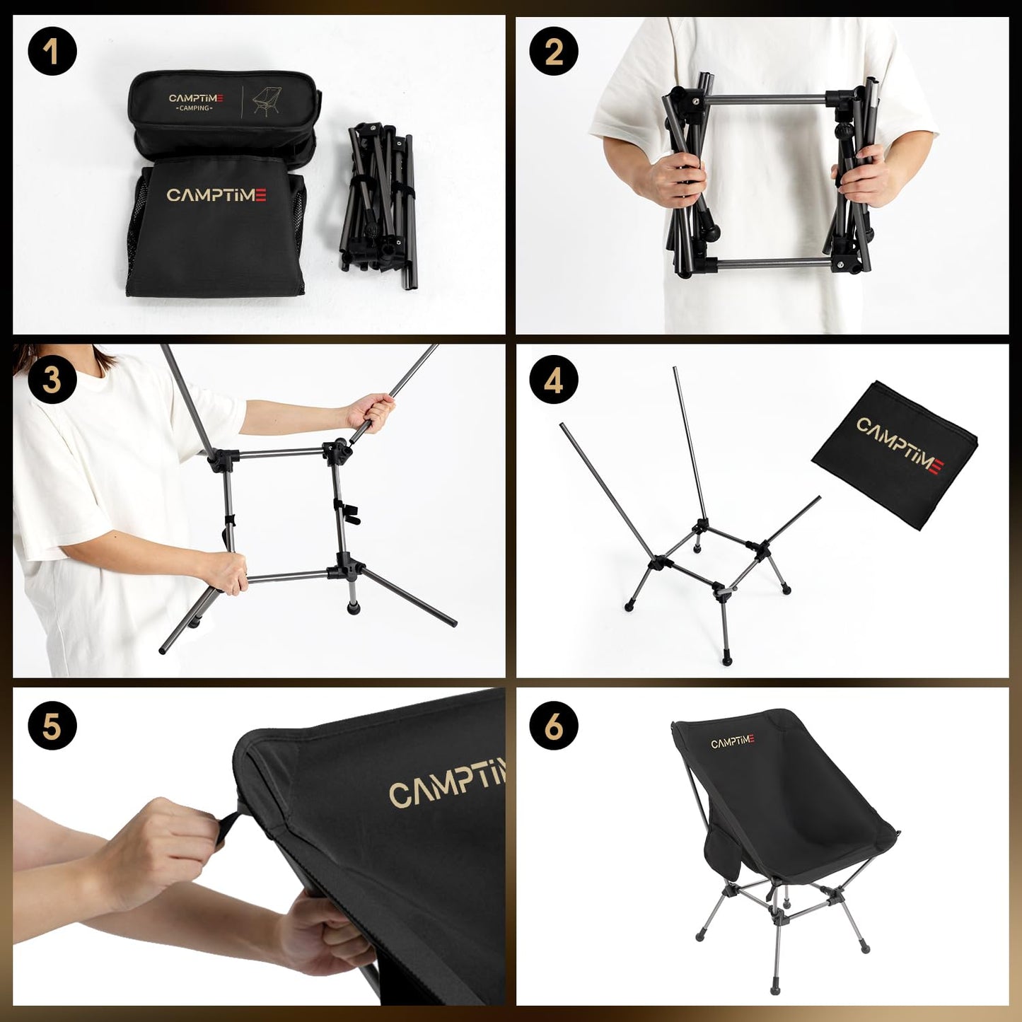 Camptime Portable Camping Chair Plus, Larger & Roomier, Compact and Lightweight, Folding Chair for Backpacking & Hiking, 330Lbs Capacity, Black