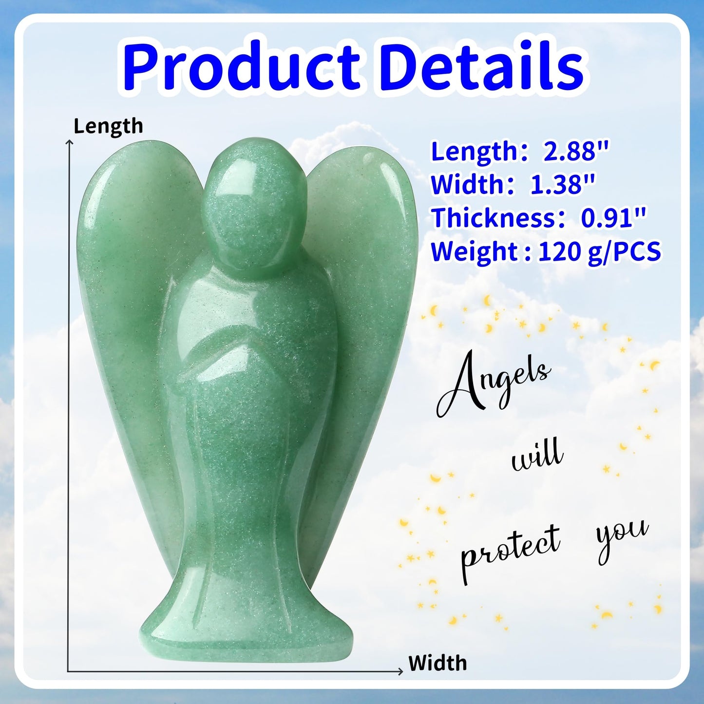 YATOJUZI 3" Green Aventurine Angel Decor Big Hand-Carved Angels Guardian Sculpture Statue Figurines Natural Crystal Stones and Healing Crystals Home Room Office Desk Decoration Wisdom Gifts for Women