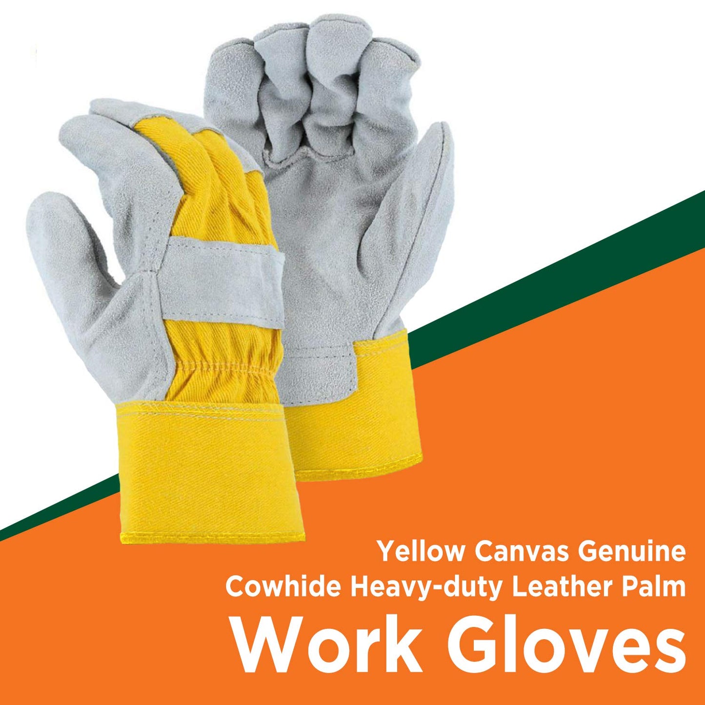 WOLF Yellow Canvas Genuine Cowhide Heavy-duty Leather Palm Work Gloves (12 pairs)