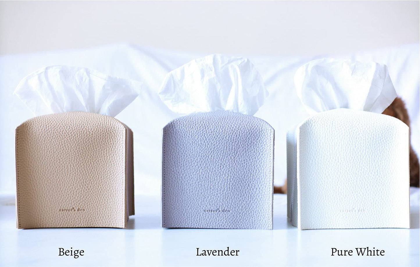 Tissue Box Cover Holder, Square with Bottom Belt by Carrot's Den - PU Leather Decorative Organizer for Tabletop, Bathroom, Car, Office | Pure White