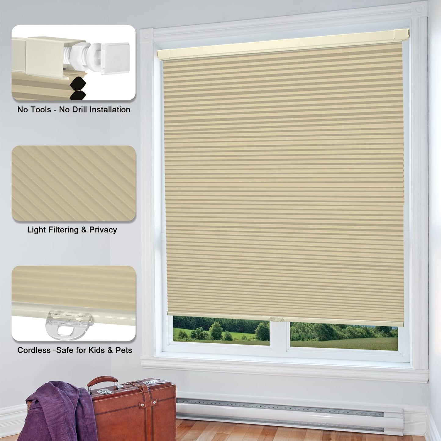 FabuBlinds Cordless Cellular Shades, No Drill No Tools Honeycomb Window Blinds, Blackout Light Blocking Cellular Shades for Window, Thermal Insulation Blinds, Easy to Install, Light Cream 27"W x 48"H