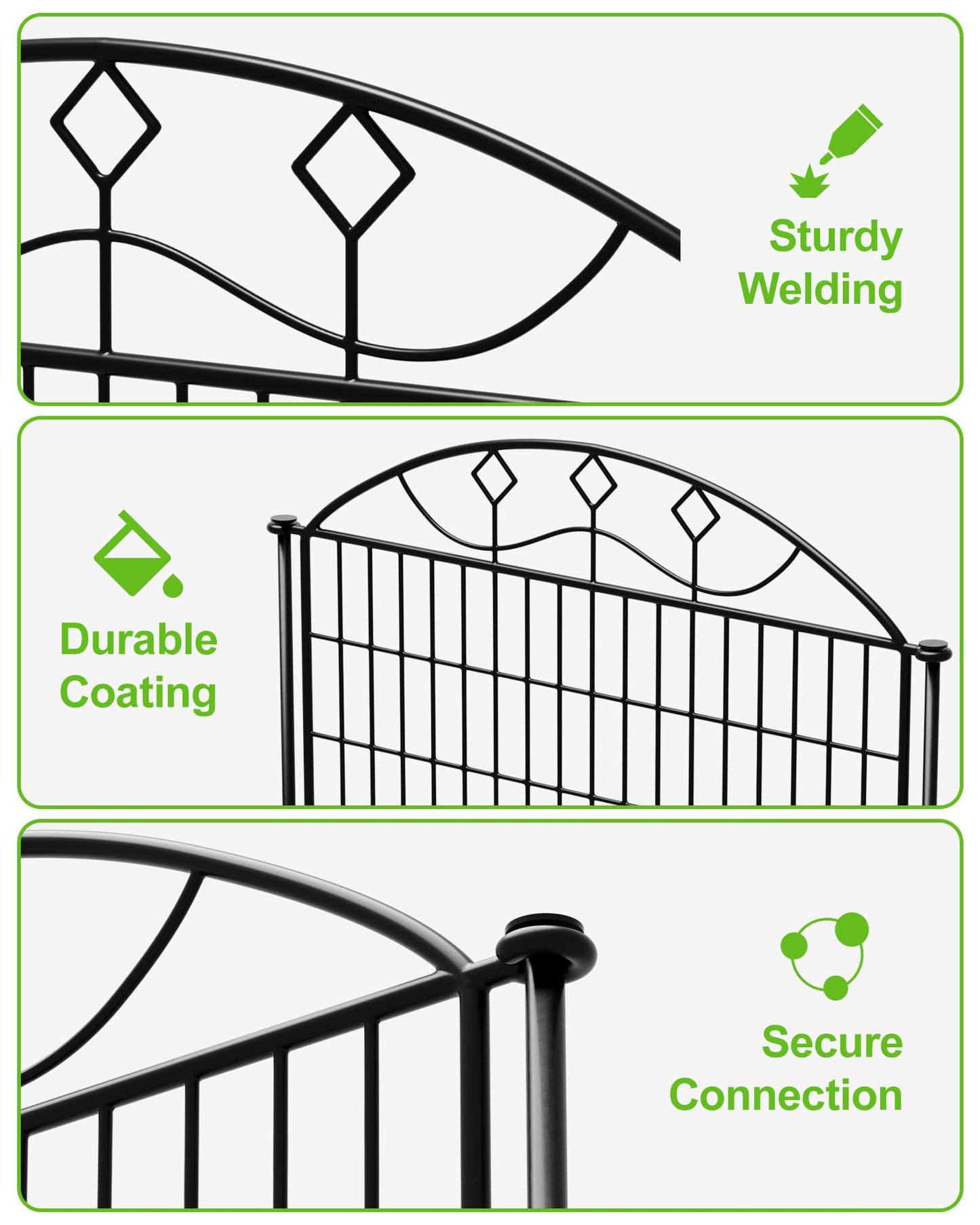 40in Tall 10-Panel Metal Garden Fence, No Dig Temporary Yard Fencing, Reusable Animal Barrier for Large Dogs & Garden Protection, Black