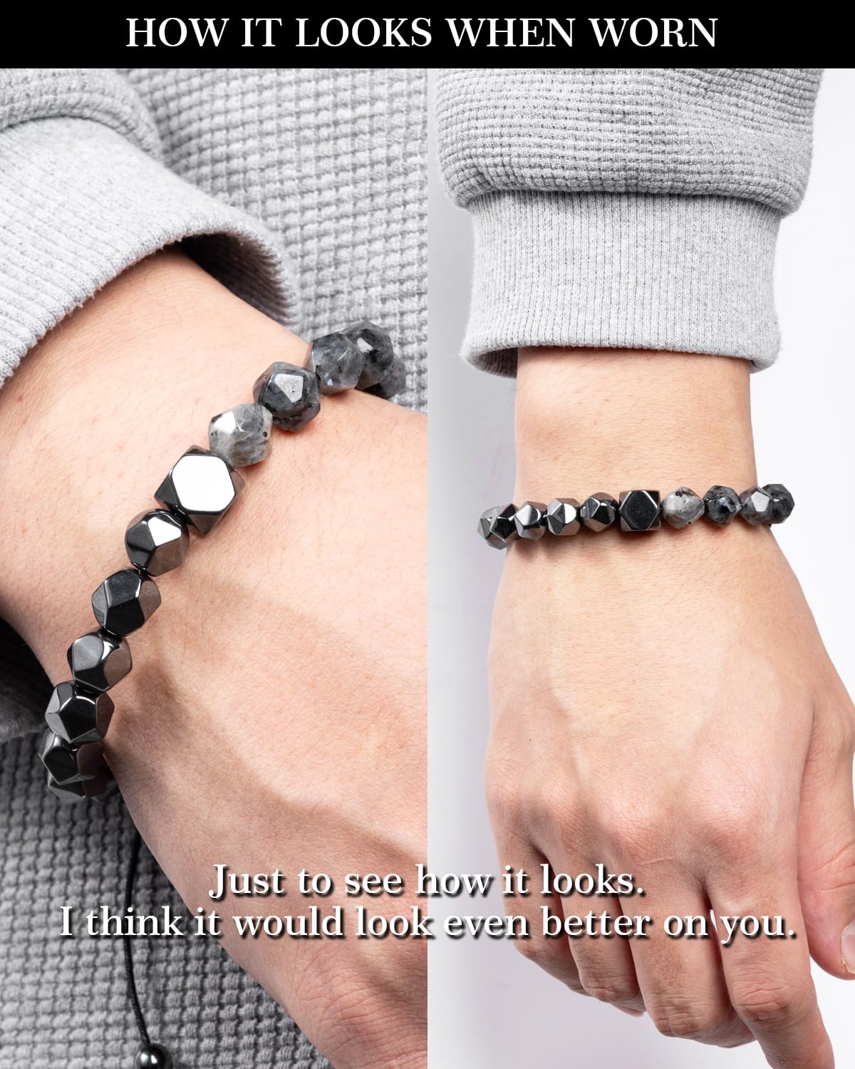 Beaded Bracelet for Men, 10mm Natural Stones Bracelet for Men's Gift, Adjustable Precision-Cut Gemstone Crystal Healing Bracelet, Protection Jewelry Gift with Hematite, Tiger Eye (Black Labradorite & Hematite)