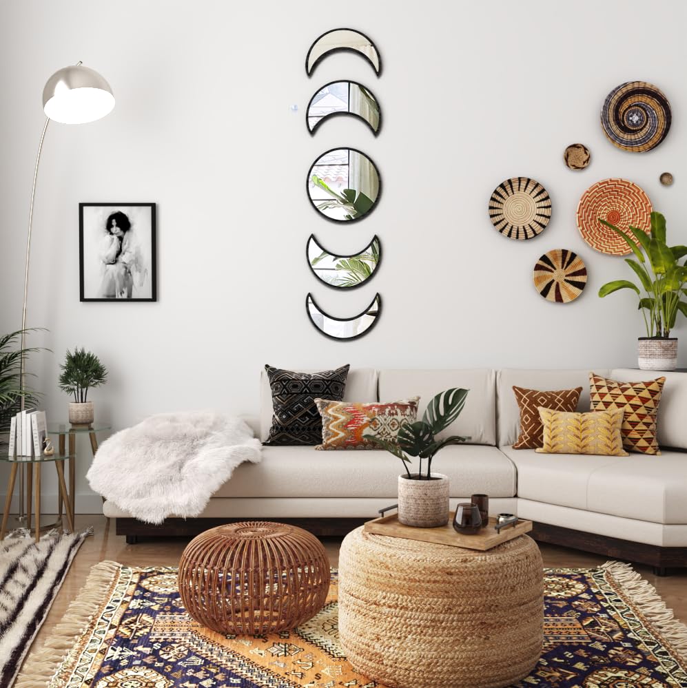 HMANGE 5-Piece Black Acrylic Moon Phase Wall Mirror Set - Shatterproof Safety Design, Easy Stick-On Installation, Boho Celestial Decor for Bedroom Living Room