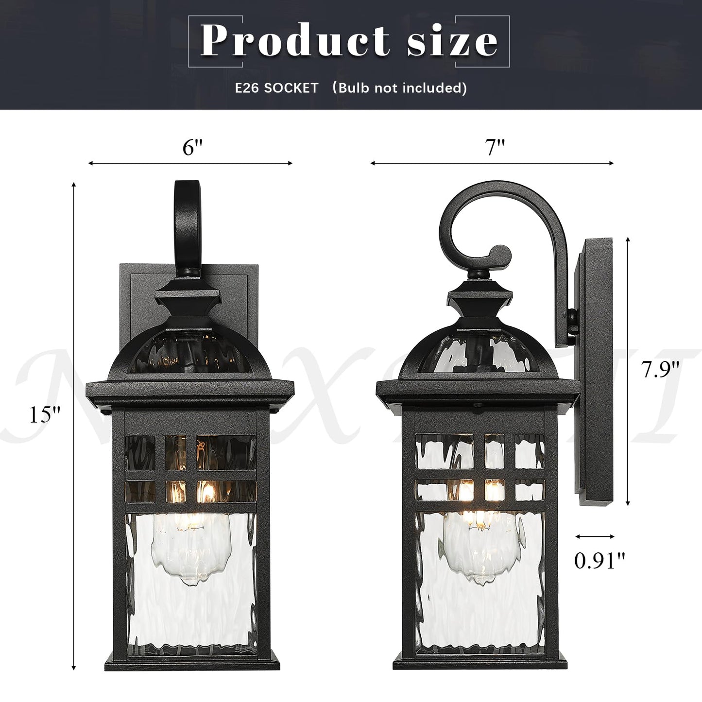 NAXTTII Outdoor Wall Lights Waterproof Exterior Lighting Fixture 15 Inch Height Black Porch Light Outdoor with Water Ripple Glass E26 Socket