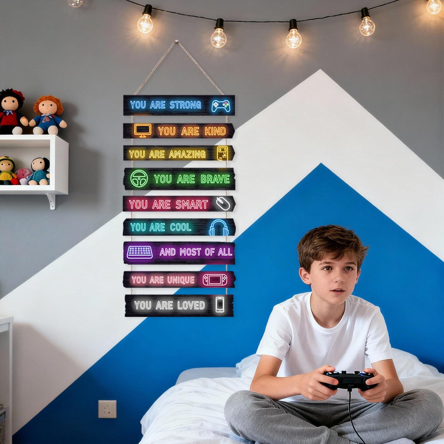 Game Room Decor for Boys, 9-Piece Gaming Wall Art with Inspirational Quotes, Gamer Themed Wooden Signs for Kids Bedroom, Video Game Playroom & Boys Room Wall Decor