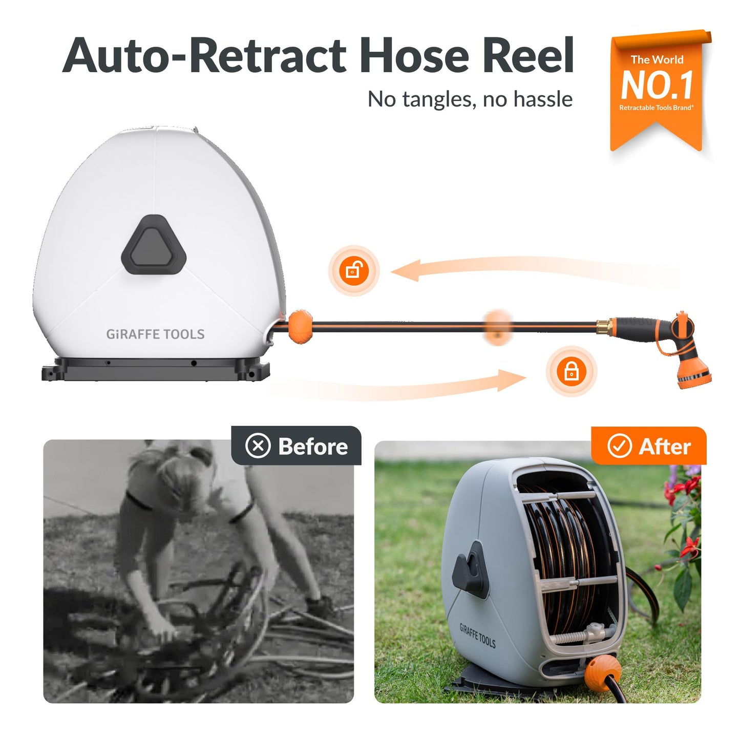 Giraffe Tools Heavy Duty Retractable Hose Reel, 130FT 1/2 Inch Automatic Rewind Garden Hose Reel with Flexible Swivel Base, Ground Mount for Lawn, Patio, and Concrete Floor