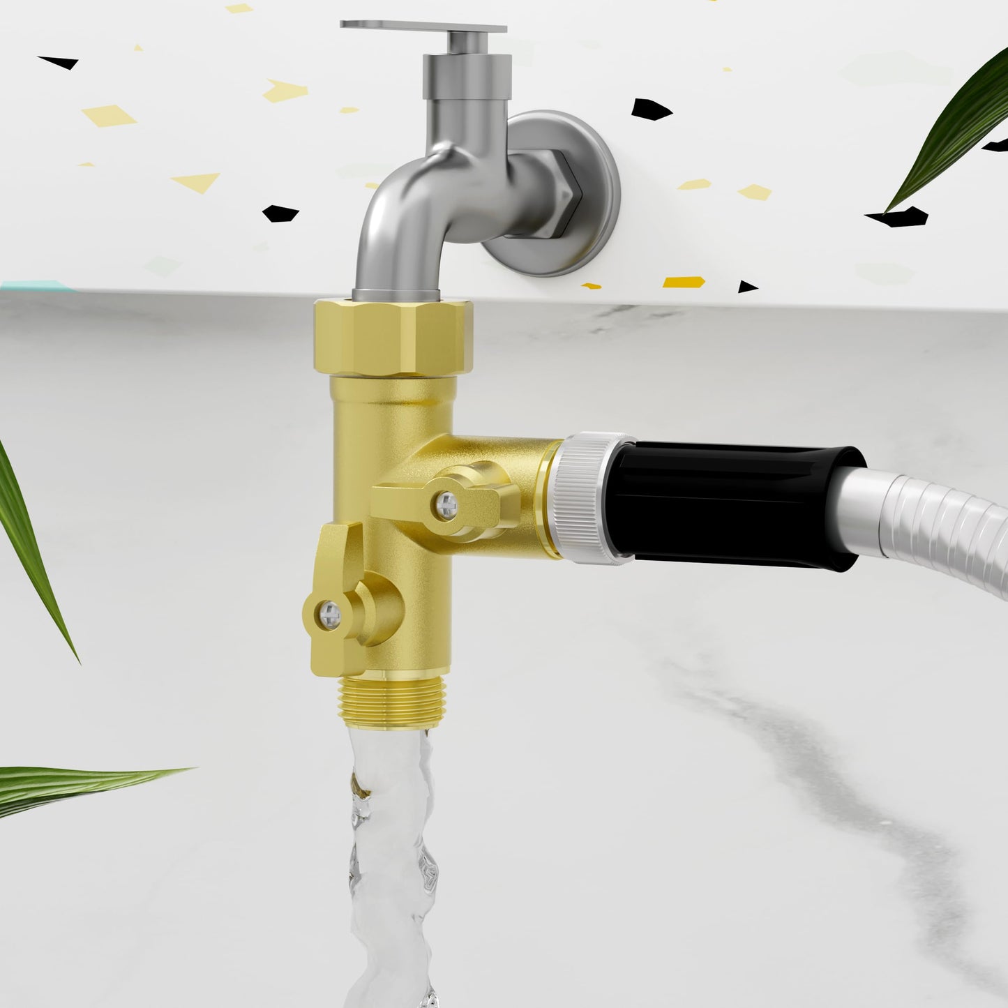 SANTONG High Flow Solid Metal 2 Way ├ Type Garden Hose Splitter with Shut-Off Valves, 360 Degree Rotation 3/4" Spigot Faucet Connectors with 2 Extra Silicone Washers