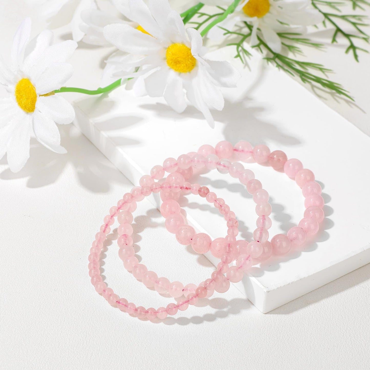 Bolinailo 3Pcs Natural Healing Crystal Bracelets for Women Men, 4mm 6mm 8mm Beaded Stretch Bracelet Set, Rose Quartz Natural Stone Gemstone Jewelry Gifts for Meditation, Reiki & Yoga