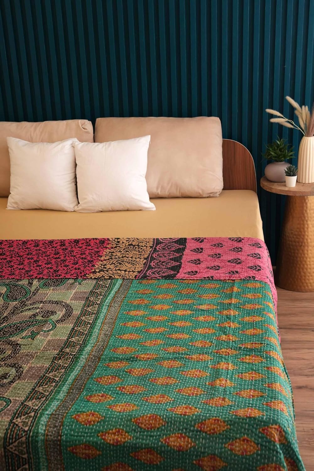 Handmade Cotton Vintage Kantha Quilt Boho Reversible one-of-a-Kind Kantha Throw Bedspread (Twin 90" x 60")
