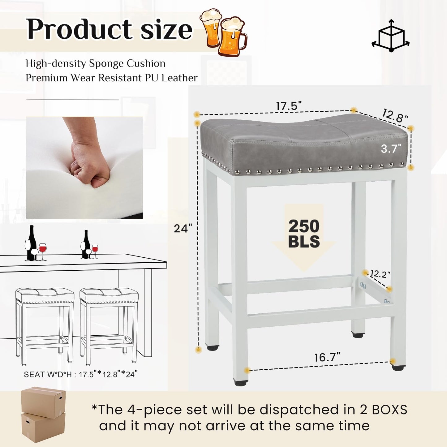 Sweetcrispy 24 inch Bar Stools Set of 2, Upholstered Modern Counter Height Bar Stools for Kitchen Island Modern PU Leather Sadless Stools Chair with Metal Base and Footrest, Grey