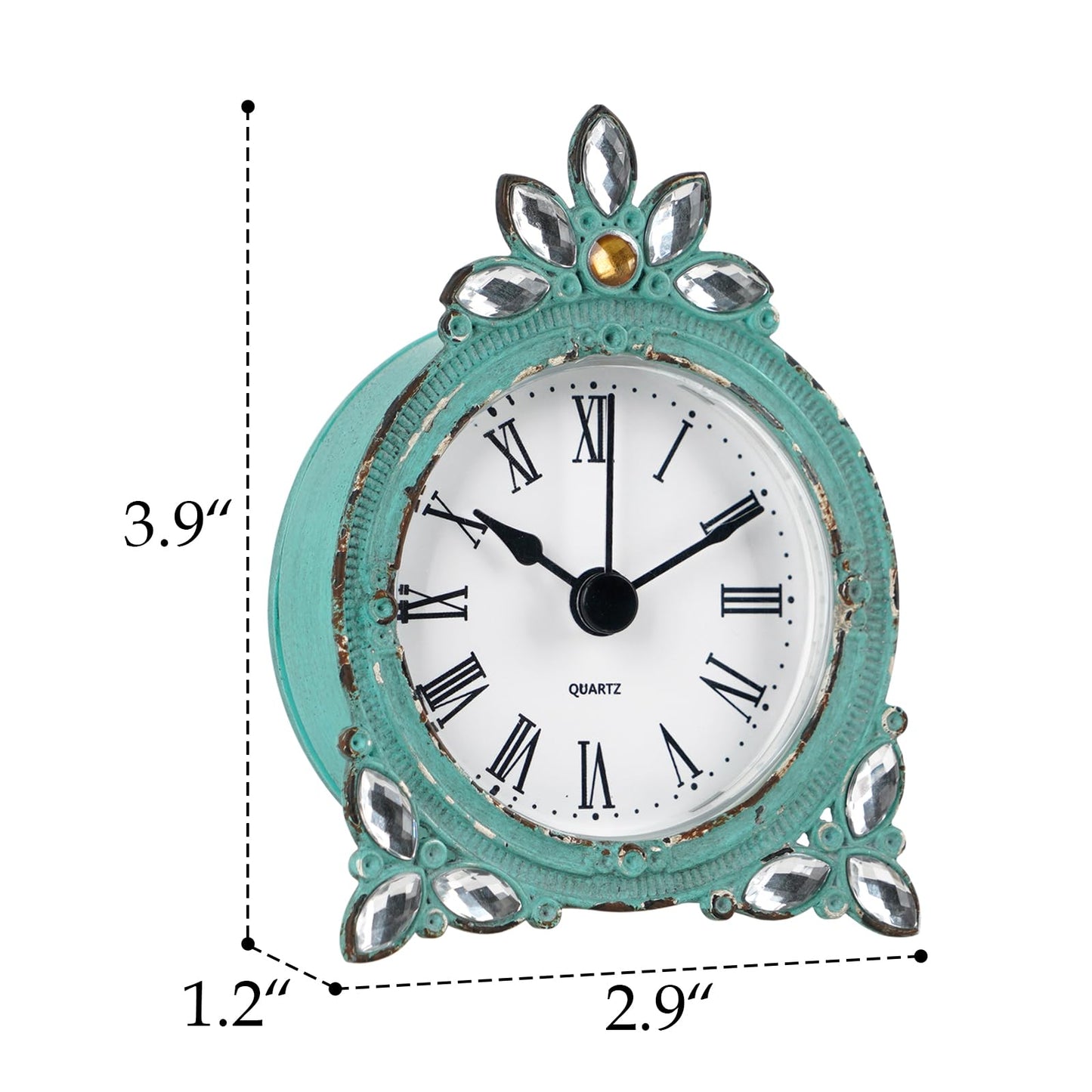 NIKKY HOME Vintage Pewter Quartz Mini Table Clock with Crystal Shining Rhinestone, 2.87 x 1.37 x 3.87 Inches, Aqua