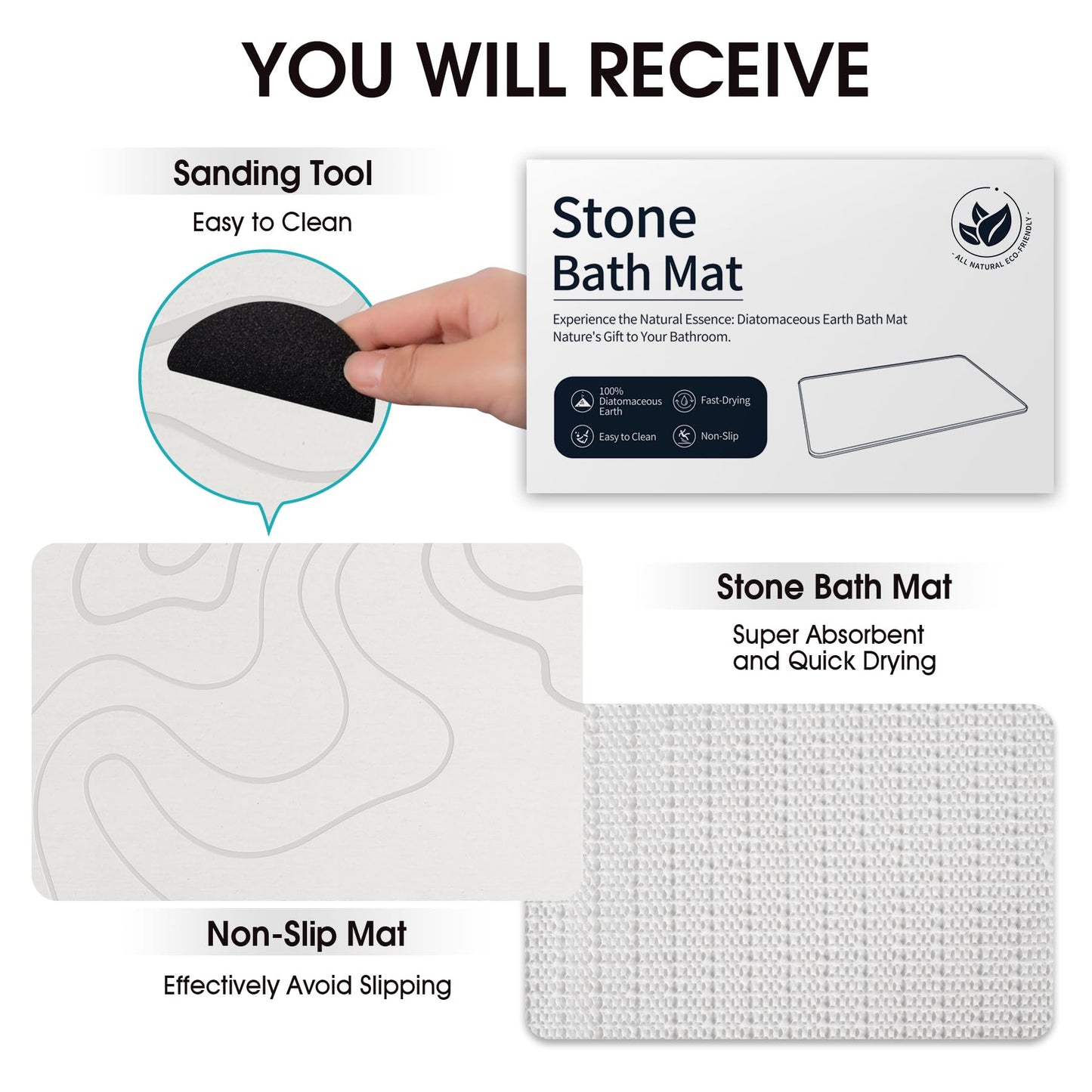 ZIKIBL Stone Bath Mat Diatomaceous Earth Shower Mat Non-Slip Super Absorbent Diatomite Stone Mats for Bathroom Floor/Ktichen Cuonter Quick-Drying Easy to Clean (24''*16''White)