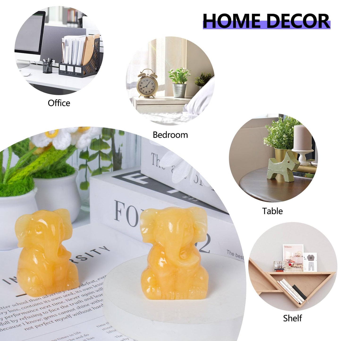 Ytbeoxk 2 Inch Crystal Elephant Decor Statues, Yellow Calcite Cute Sitting Elephant Figurines, Reiki Healing Crystal Carved Animal Statues, Home Office Desk Hand Carved Decor Gifts for Women