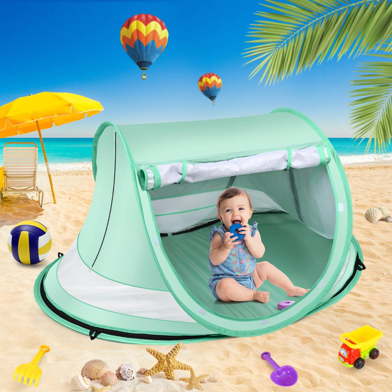Kapeazo Baby Beach Tent, Large Pop Up Portable Sun Shade with Mosquito Net, Indoor Baby Play Tent for Travel, Beach, UPF 50+ UV Protection Sun Shelters
