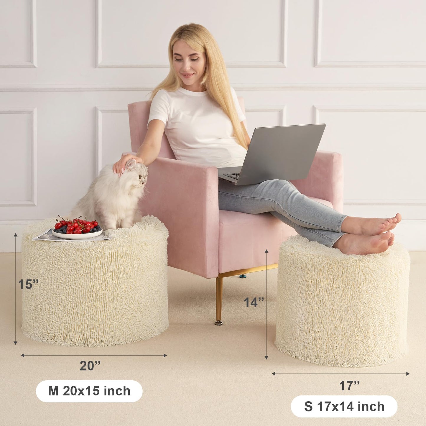 Hansleep Round Stuffed Pouf Ottoman 20 x 15, Foam Filled Faux Fur Ottoman Foot Rest for Chair with Washable Cover, Foot Stools Under Desk for Living Room & Bedroom, Beige