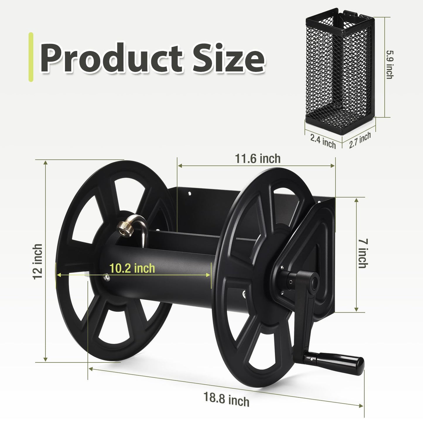 GADFISH Garden Wall Mounted Hose Reel, Metal Hose Reel, Holds 125ft of 5/8-Inch Hose(Not equipped), Equipped with 3.9ft Water Supply Hose and Small Storage Basket, Suitable for Gardens & Yards