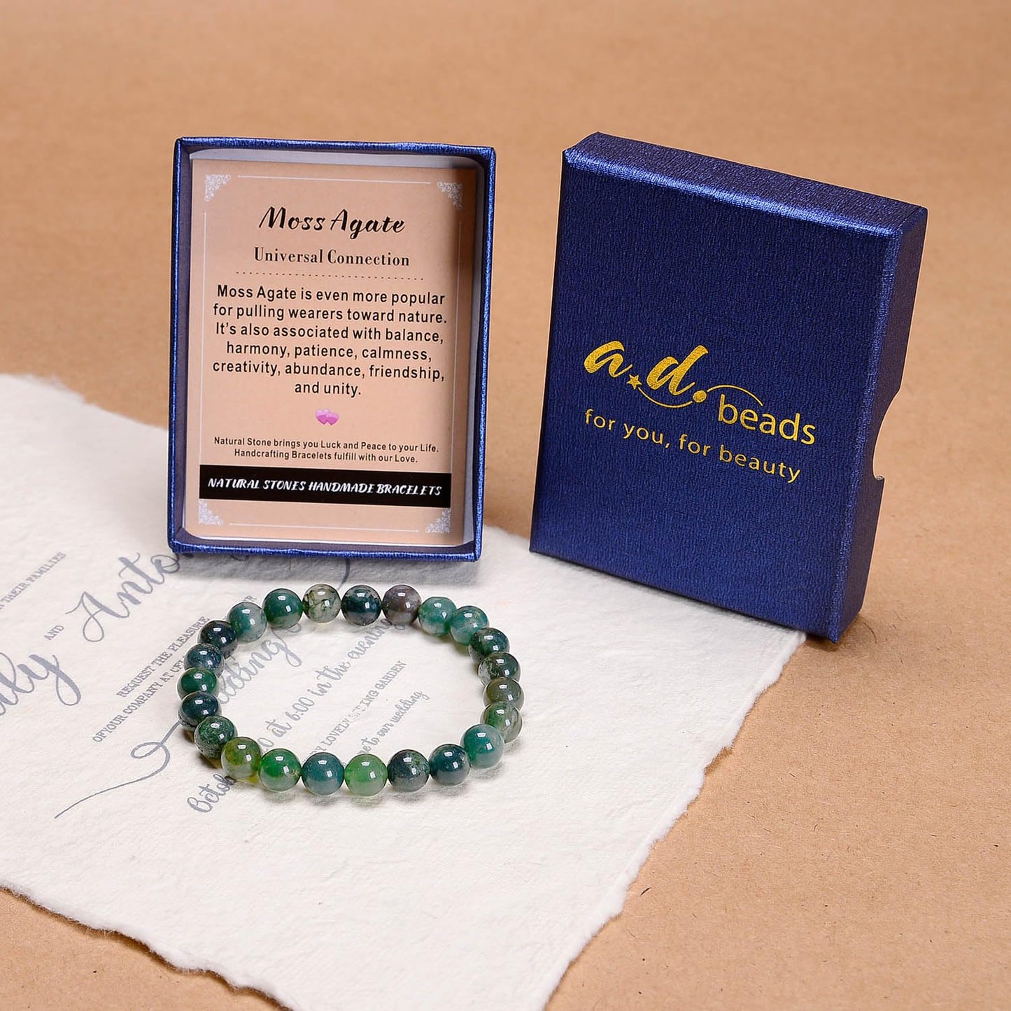 AD Beads Handmade Gemstone Stretch Elastic Bracelet Crystal Healing Reiki Nature's Beauty and Spiritual Essence Unisex (10mm, Moss Agate (Universal Connection))
