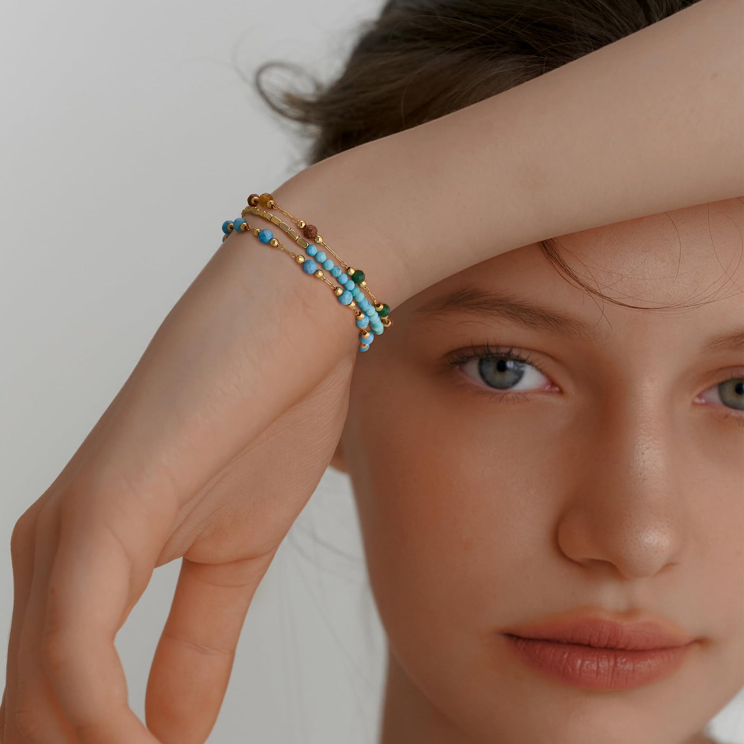 MEVECCO Gold Round Turquoise Beaded Bracelets,14K Gold Plated Handmade Cute Dainty Bracelet for Women