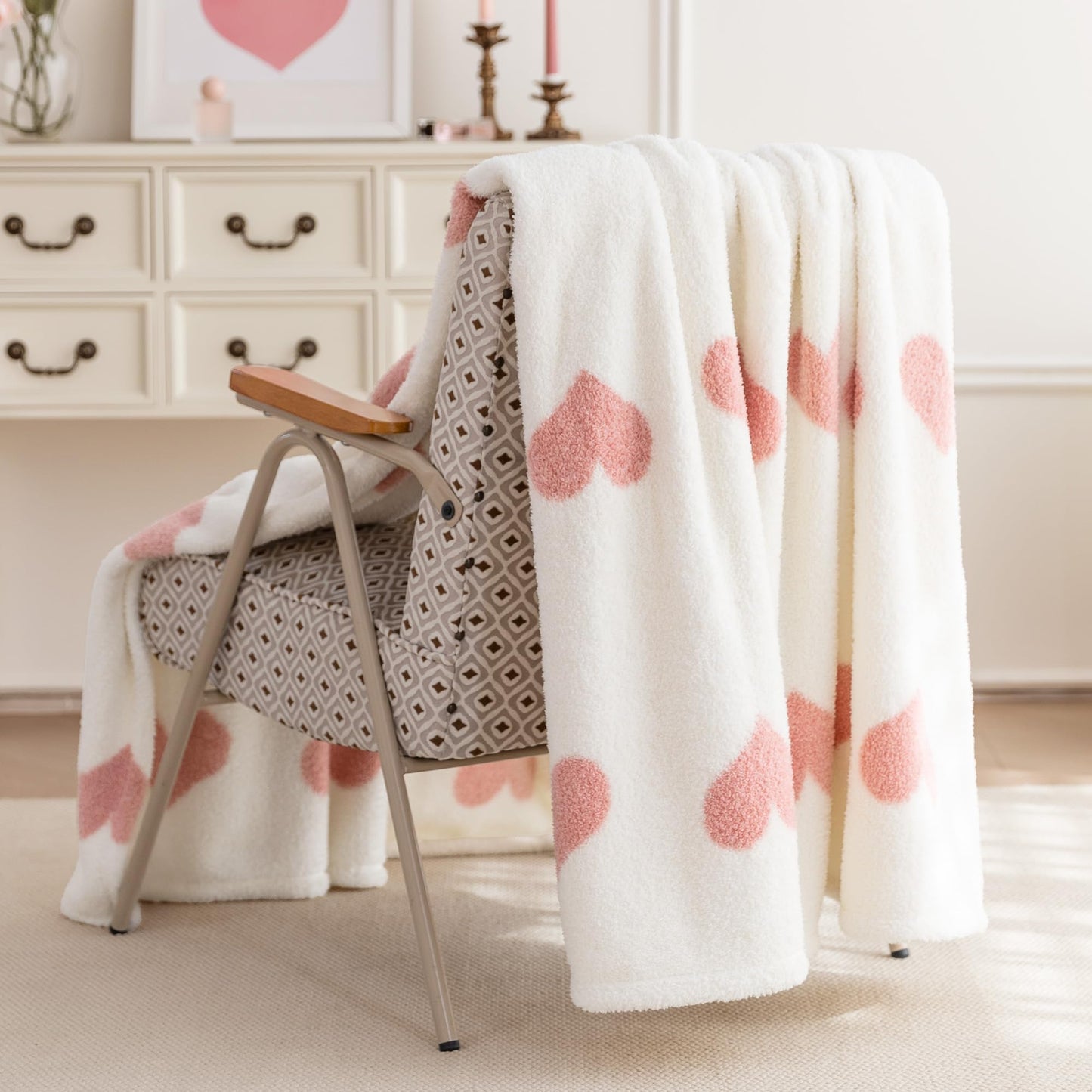 Amazon Basics Fleece Throw Blanket, Reversible Decorative Hearted Pattern for The Bed, Couch and Sofa, 50" W × 60" L, Pink Heart