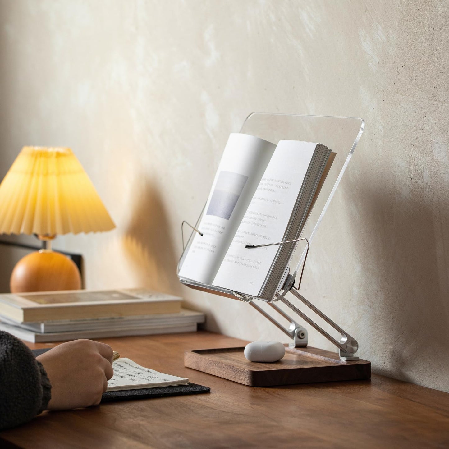 muso wood Acrylic Book Stand for Reading, Adjustable Book Holder with Walnut Storage and Elastic Clips, Desktop Riser Stand for Cookbook, Magazine, Tablet, Laptop