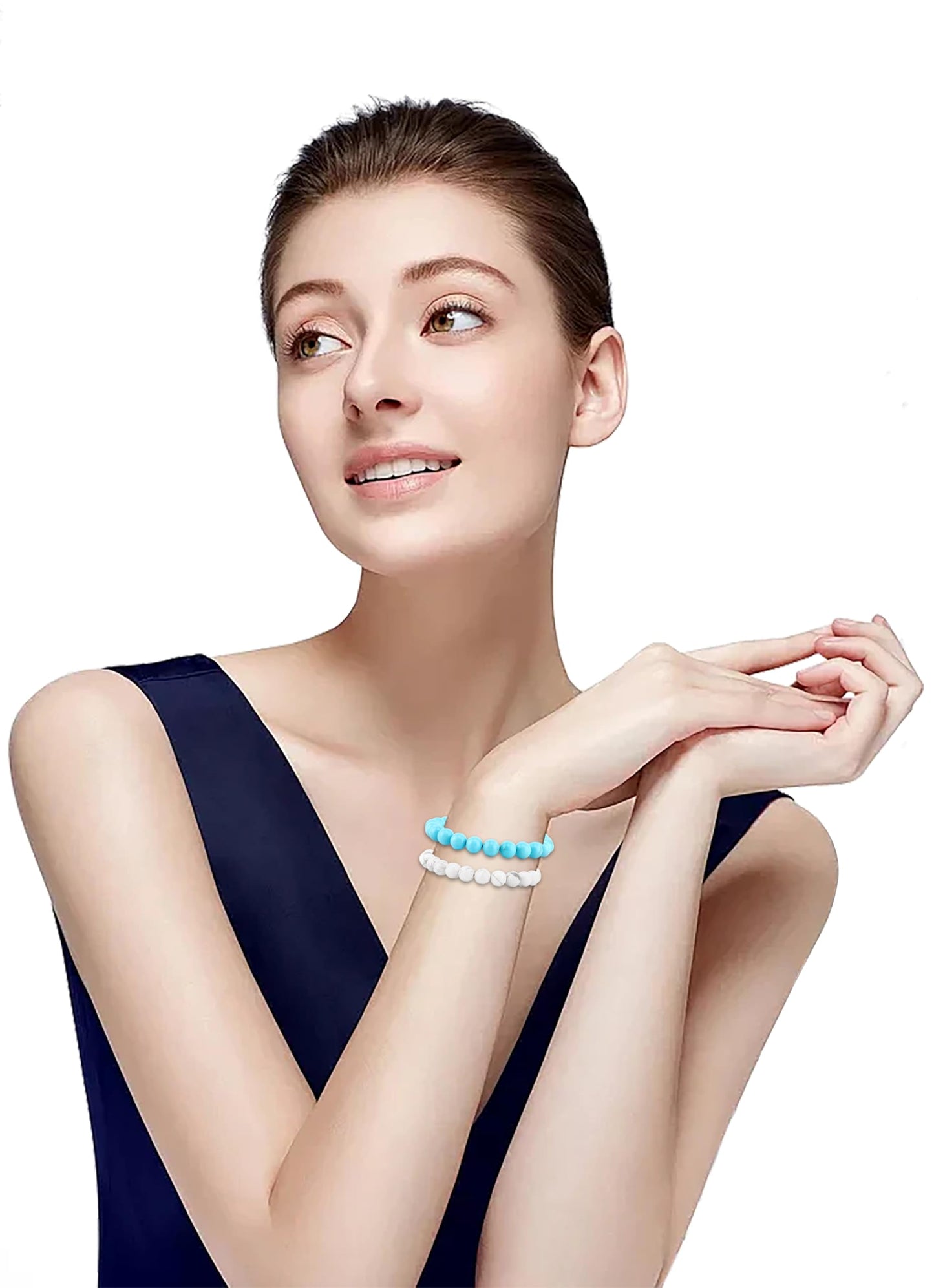 NCB 2-Piece 8mm Natural Crystal Gemstone Stretch Bracelets – Blue Turquoise, Howlite Handmade Reiki Energy Healing Jewelry for Meditation,Yoga, Unisex