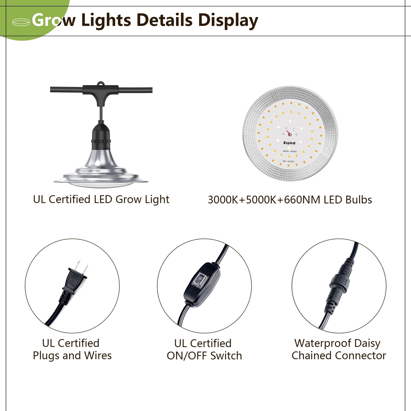 Espird Outdoor LED Grow Light, 12-Light Full Spectrum Grow Light Strip, Waterproof Plant Growing Lamps, UL Certified String Grow Lights for Greenhouse Garden, 41FT Outdoor Grow Light for Veg Seedling