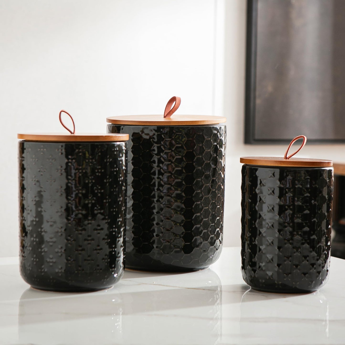 JOJUNO Black Ceramic Canister Set with Wooden Lids – 3-Piece Airtight Food Storage Jars for Kitchen, Embossed Design, Small/Medium/Large Sizes (30/48/82 oz) – Flour, Sugar, Coffee, Tea Containers