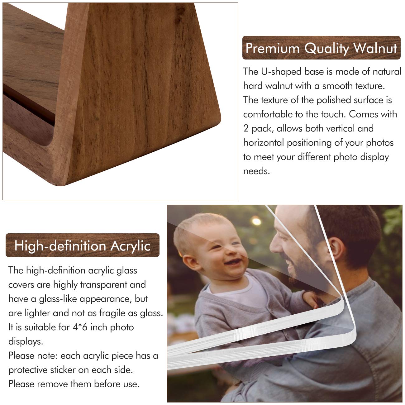Mixoo 4x6 Picture Frame 2 Pack - Rustic Wooden Picture Frames with Walnut Wood Base and High Definition Break Free Acrylic Photo Covers for Tabletop or Desktop Display (Horizontal + Vertical)
