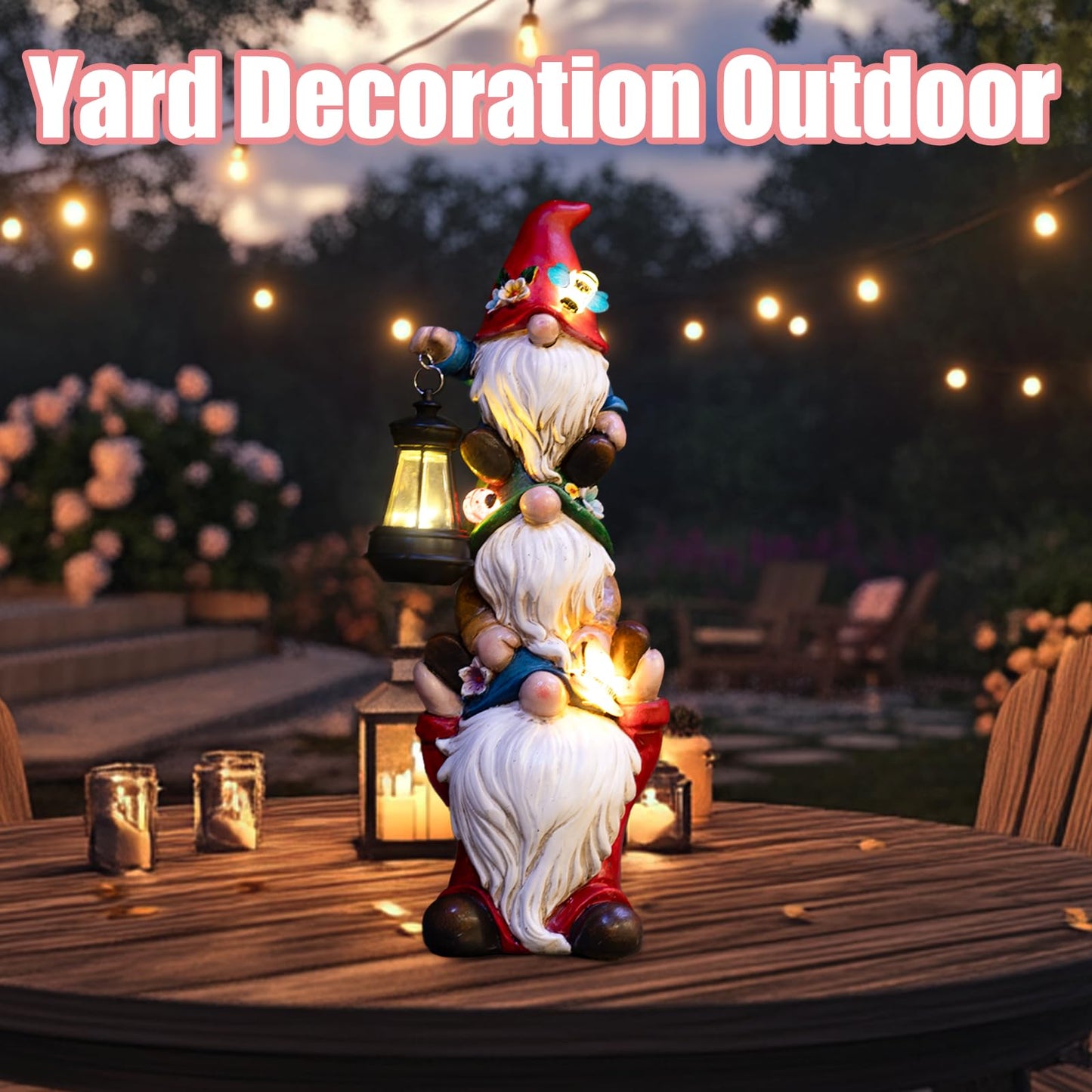 twinbling Garden Gnome Statue with Solar Lights Garden Sculptures Funny Triple Gnome Outdoor Patio Lawn Yard Balcony Home Decor Birthday Gift for Mom Woman Grandma 12 in Mothers Day Gnomes