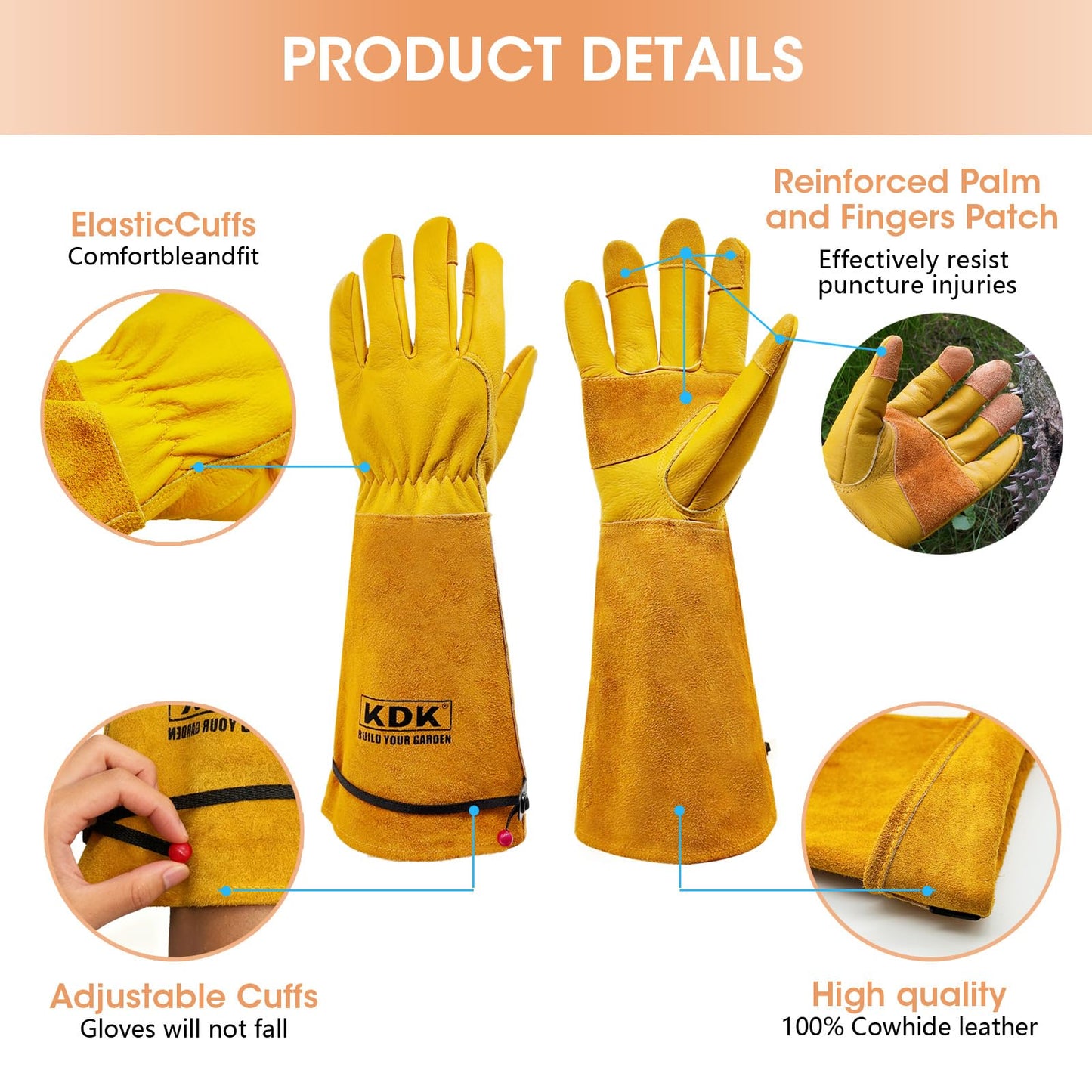 KDK Long Cowhide Gardening Gloves for Women Men, Thorn Proof Garden Gloves for Rose Pruning, Cactus Heavy Duty Gauntlet (L)