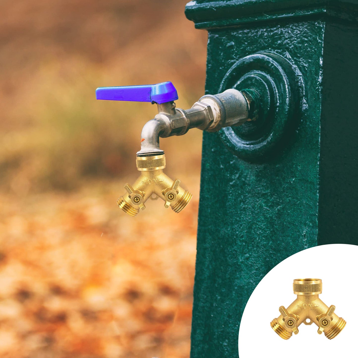 Hourleey Brass Garden Hose Splitter (2 Way), Solid Brass Hose Y Splitter 2 Valves with 2 Extra Rubber Washers (2 PACK)