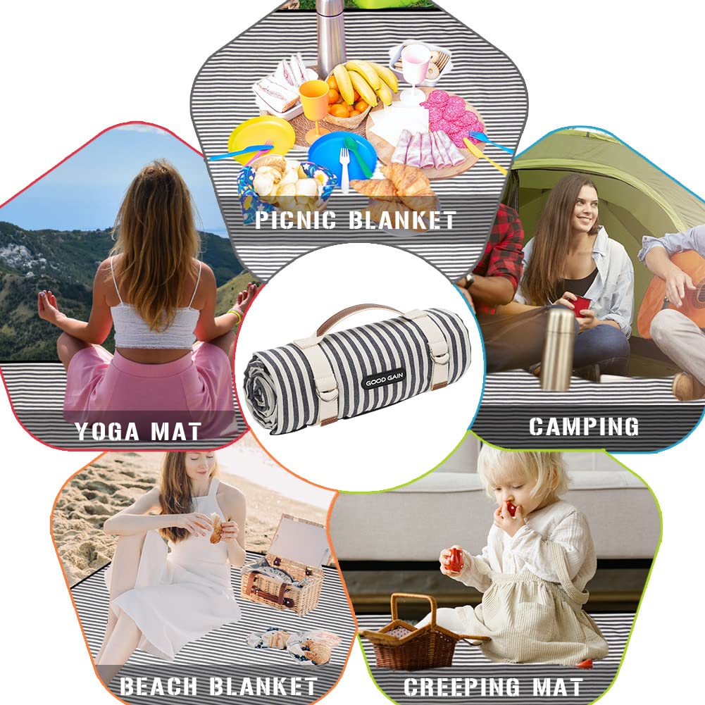 G GOOD GAIN Waterproof Picnic Blanket Portable with Carry Strap for Beach Mat or Family Outdoor Camping Party (Navy Blue)