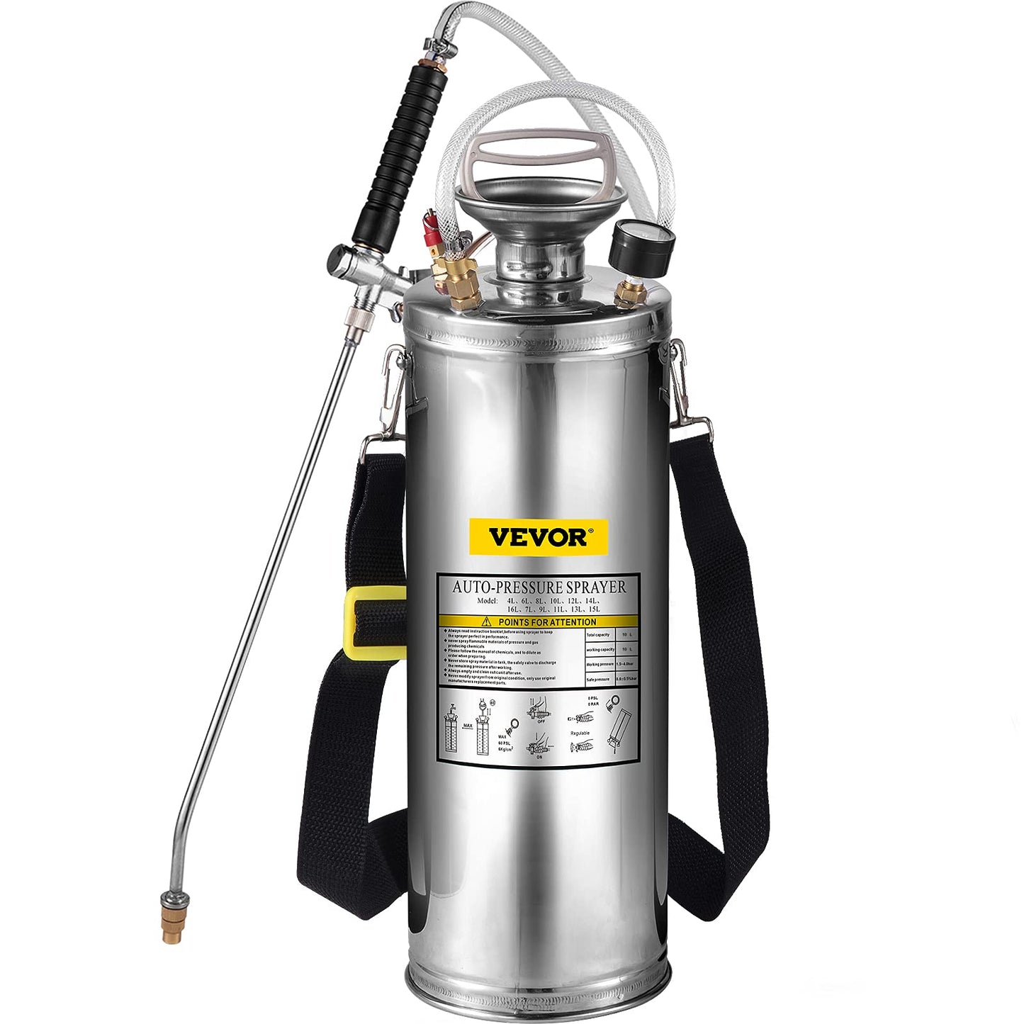 Happybuy 3 Gallon Stainless Steel Sprayer, 20" Wand & 3FT Reinforced Hose, Hand Pump Sprayer with Pressure Gauge, Safety Valve & Adjustable Nozzle, Weed Sprayers for Lawn, Gardening & Sanitizing