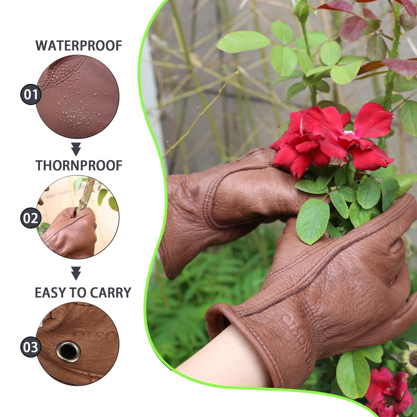 OLSON DEEPAK Waterproof Leather Work Gloves for Men&Women,Brown Cowhide Thornproof Garden work Gloves,Water Resistant windproof Gloves,Medium