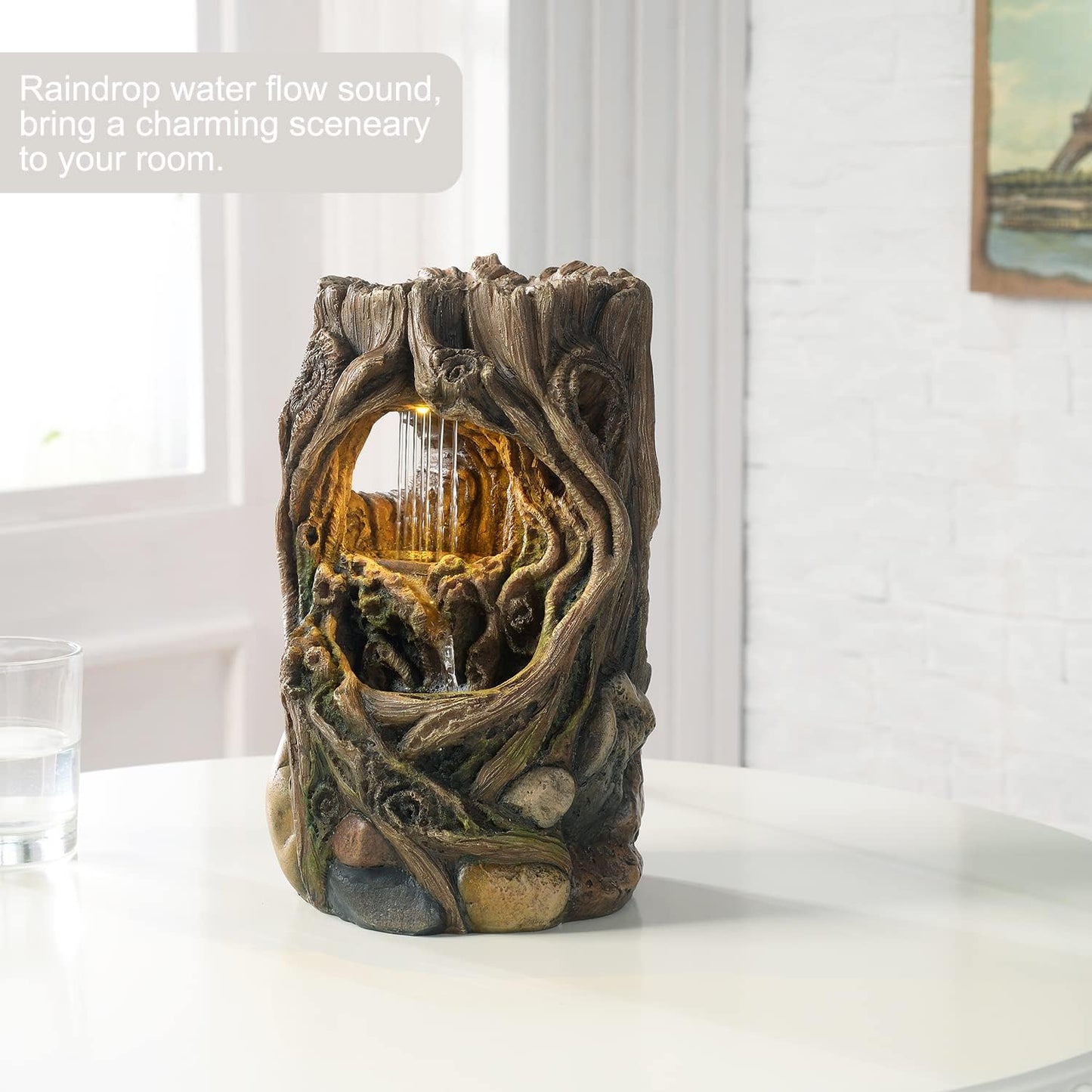 Kalona Tabletop Fountains Beautiful Stump Water Fountain Relaxation Raindrop Fountains Meditation Desk Fountain Artistic Waterfall Fountains Home/Office Decor(22013)