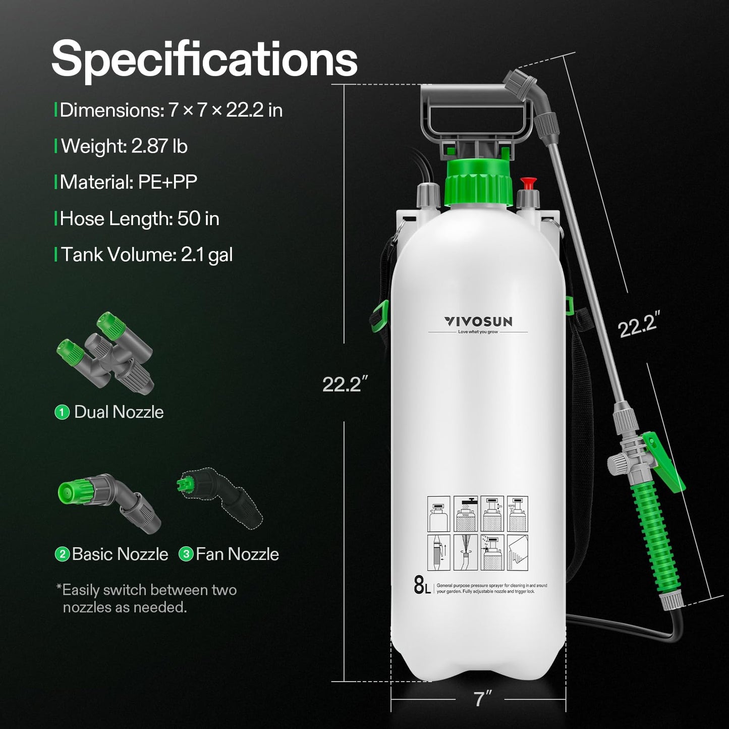 VIVOSUN 2.1 Gal/8L Pump Sprayer, Garden Water Sprayer for Plants, Weeds & Lawn Care, with 3 Nozzles, 50'' Long Hose & Pressure Relief Valve