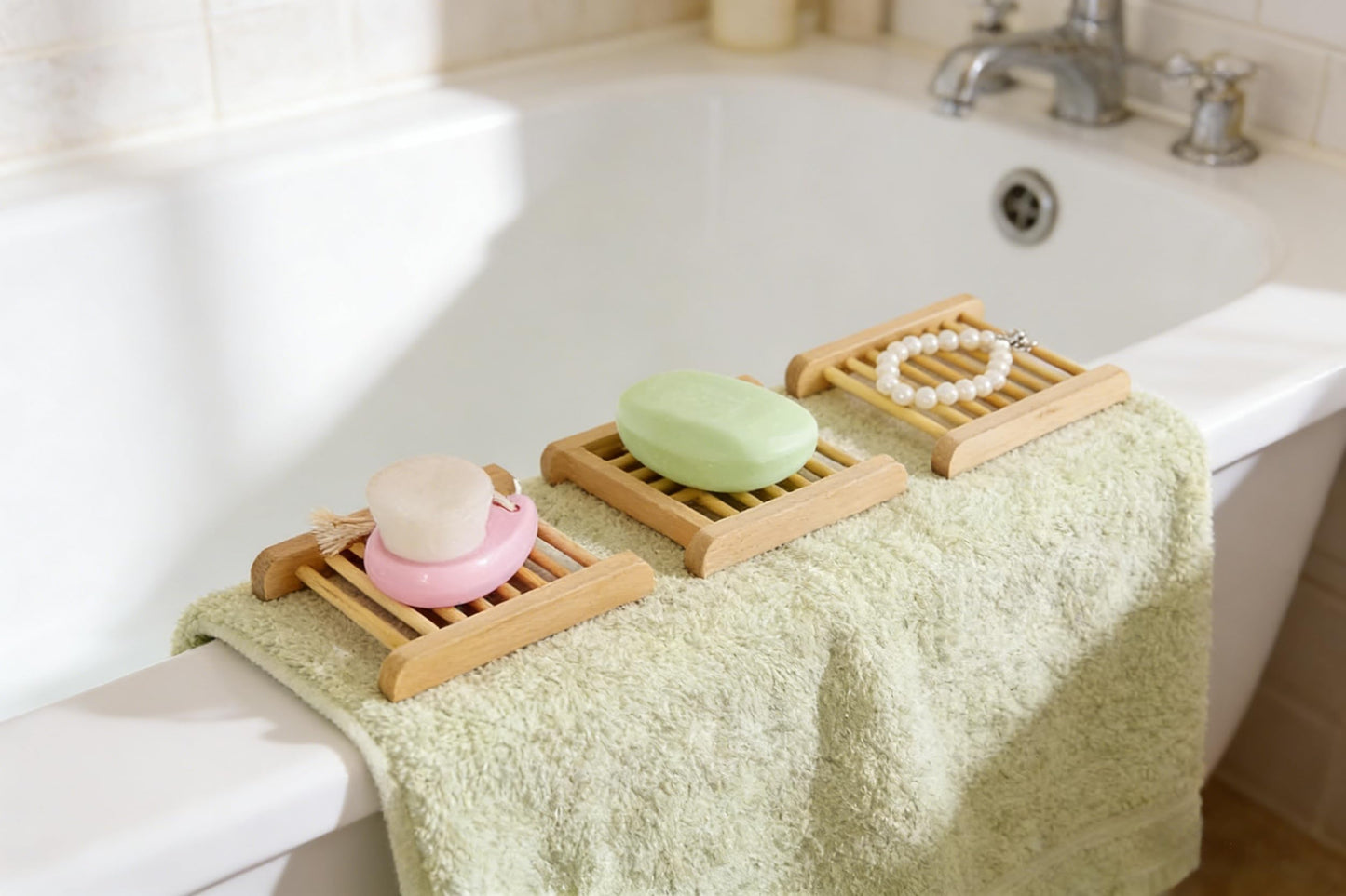 2-Pack Bamboo Soap Tray Set - Self-Draining Wooden Soap Holder for Bathroom, Shower & Kitchen