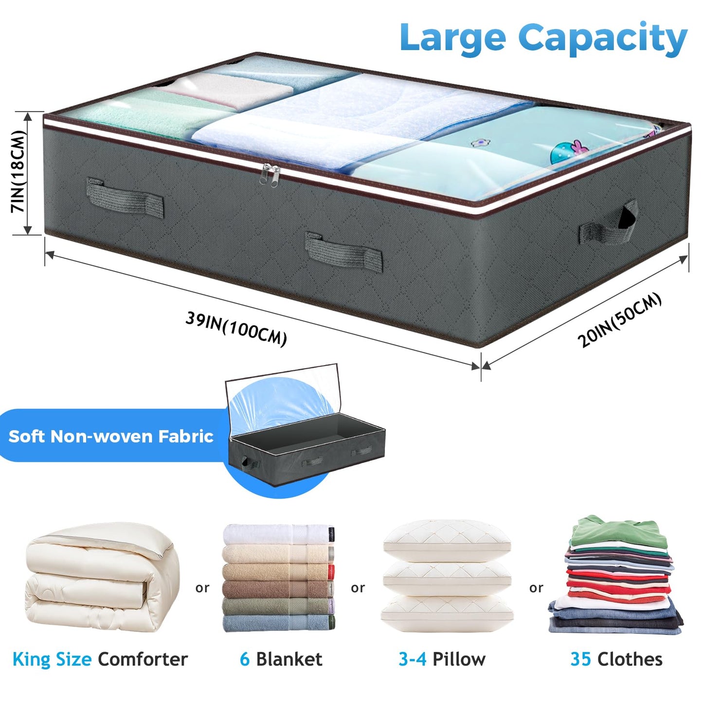 Budding Joy 90L Under Bed Storage Containers, Closet Organizers and Storage Bins, Foldable Underbed Storage Bags for Linen Sheets, Blanket, Clothing, Comforter, Sweaters, Pillows, Wrapping Paper, Grey