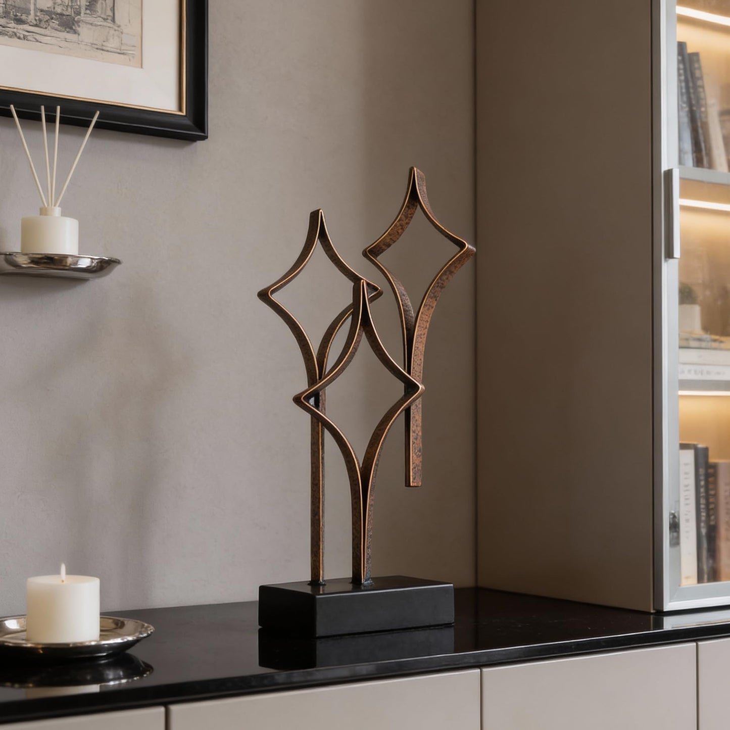 LNXMES Abstract Metal Sculpture Home Decor – Modern Minimalist Line Art Statue Decorations for Table, Shelf, Living Room, Office & Entryway (Diamond Curved Metal Sculpture)